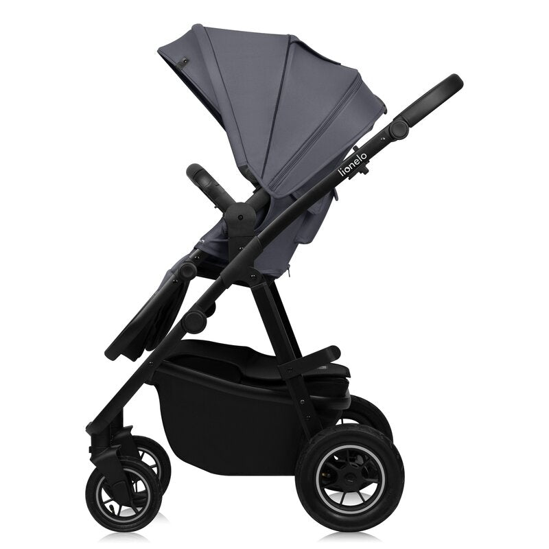 Carucior 3 in 1, Lionelo, Amber Plus, Cadru aluminiu, Cu landou intarit si salteluta moale, Cu scoica auto testata ADAC, Reversibil, Maner ajustabil, Cu accesorii, Cu ventilatie panoramica 3D, Pana la 22 kg, EN1888-1, EN1888-2, EN1466, ECE R129, Gri