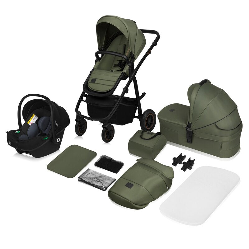 Carucior 3 in 1, Lionelo, Amber Plus, Cadru aluminiu, Cu landou intarit si salteluta moale, Cu scoica auto testata ADAC, Reversibil, Maner ajustabil, Cu accesorii, Cu ventilatie panoramica 3D, Pana la 22 kg, EN1888-1, EN1888-2, EN1466, ECE R129, Verde