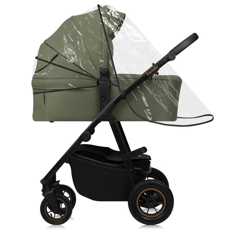 Carucior 3 in 1, Lionelo, Amber Plus, Cadru aluminiu, Cu landou intarit si salteluta moale, Cu scoica auto testata ADAC, Reversibil, Maner ajustabil, Cu accesorii, Cu ventilatie panoramica 3D, Pana la 22 kg, EN1888-1, EN1888-2, EN1466, ECE R129, Verde