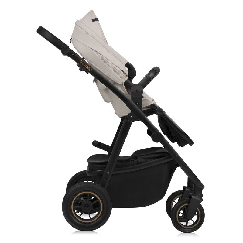 Carucior 3 in 1, Lionelo, Amber Plus, Cadru aluminiu, Cu landou intarit si salteluta moale, Cu scoica auto testata ADAC, Reversibil, Maner ajustabil, Cu accesorii, Cu ventilatie panoramica 3D, Pana la 22 kg, EN1888-1, EN1888-2, EN1466, ECE R129, Bej