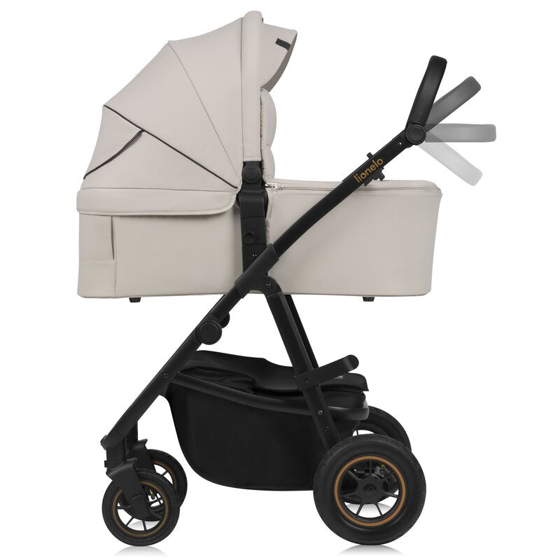 Carucior 3 in 1, Lionelo, Amber Plus, Cadru aluminiu, Cu landou intarit si salteluta moale, Cu scoica auto testata ADAC, Reversibil, Maner ajustabil, Cu accesorii, Cu ventilatie panoramica 3D, Pana la 22 kg, EN1888-1, EN1888-2, EN1466, ECE R129, Bej