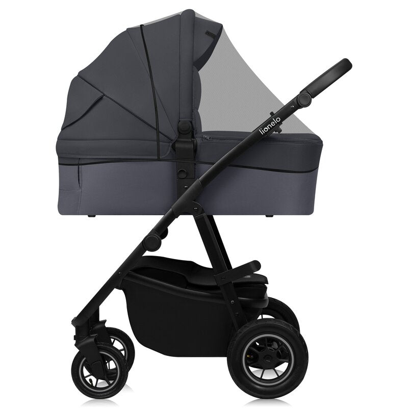 Carucior 3 in 1, Lionelo, Amber Plus, Cadru aluminiu, Cu landou intarit si salteluta moale, Cu scoica auto testata ADAC, Reversibil, Maner ajustabil, Cu accesorii, Cu ventilatie panoramica 3D, Pana la 22 kg, EN1888-1, EN1888-2, EN1466, ECE R129, Gri