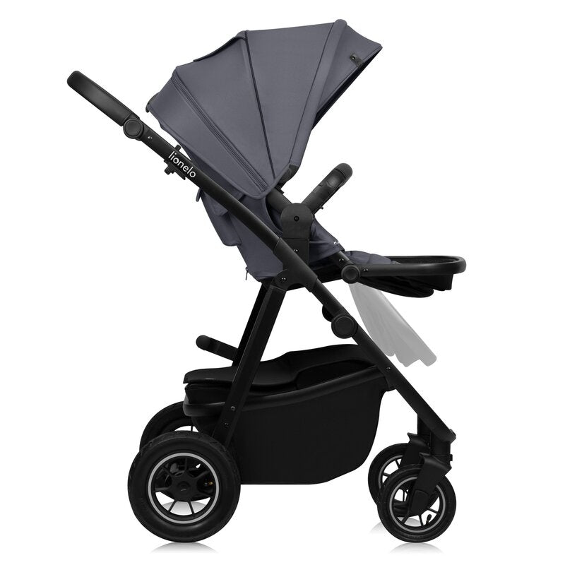 Carucior 3 in 1, Lionelo, Amber Plus, Cadru aluminiu, Cu landou intarit si salteluta moale, Cu scoica auto testata ADAC, Reversibil, Maner ajustabil, Cu accesorii, Cu ventilatie panoramica 3D, Pana la 22 kg, EN1888-1, EN1888-2, EN1466, ECE R129, Gri