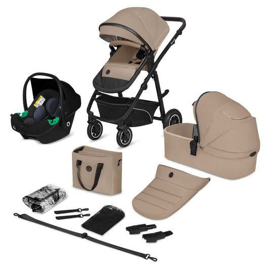 Carucior 3 in 1, Lionelo, Bianka, Transformabil, Cadru aluminiu, Cu landou si salteluta moale, Cu scoica auto, Cu multiple accesorii, Sustine 22 kg, 0 luni+, EN1466:2014+AC:2015, EN1888, Bej