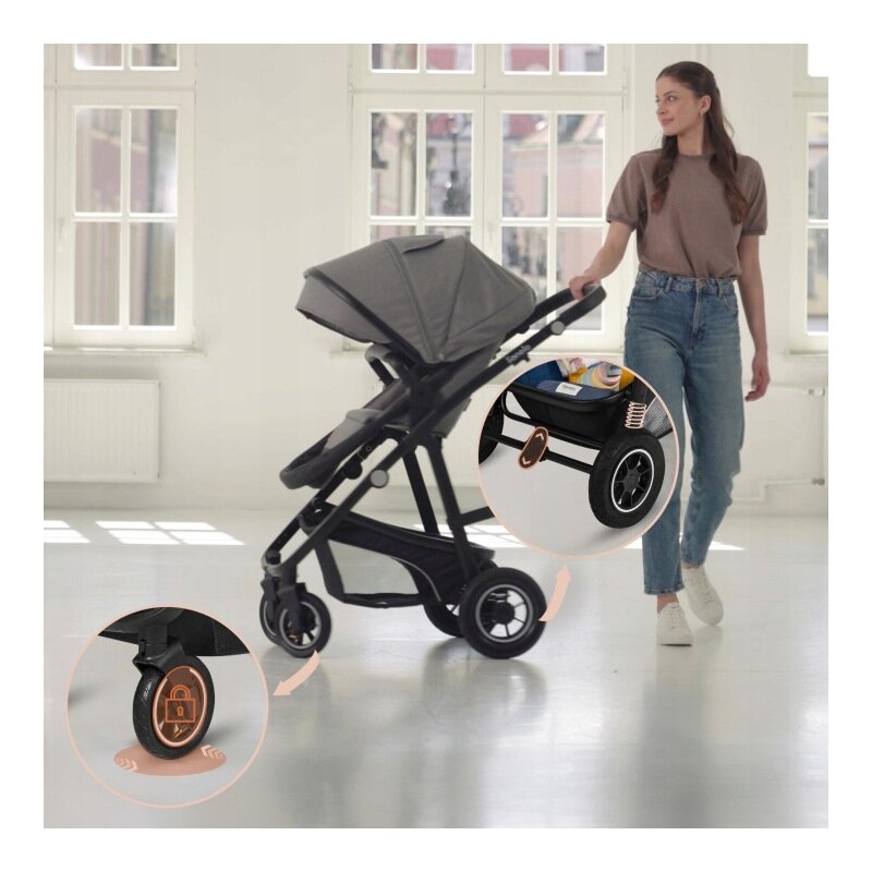 Carucior 3 in 1, Lionelo, Bianka, Transformabil, Cadru aluminiu, Cu landou si salteluta moale, Cu scoica auto, Cu multiple accesorii, Sustine 22 kg, 0 luni+, EN1466:2014+AC:2015, EN1888, Bej