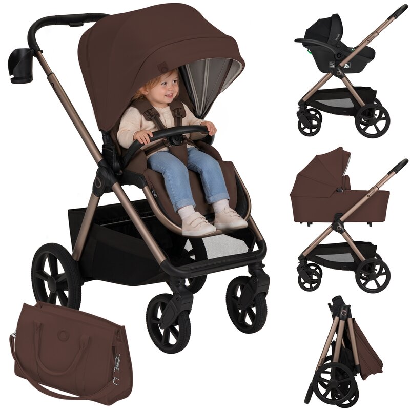 Carucior 3 in 1, Lionelo, Carmine, Cu scoica ADAC, Landou anti-reflux, Salteluta ventilata, Reglare spatar in 3 pozitii, Suport de picioare in 3 pozitii, Maner reglabil in 5 pozitii, Sustine 22 kg, Cu accesorii, 0 luni+, Ciocolatiu