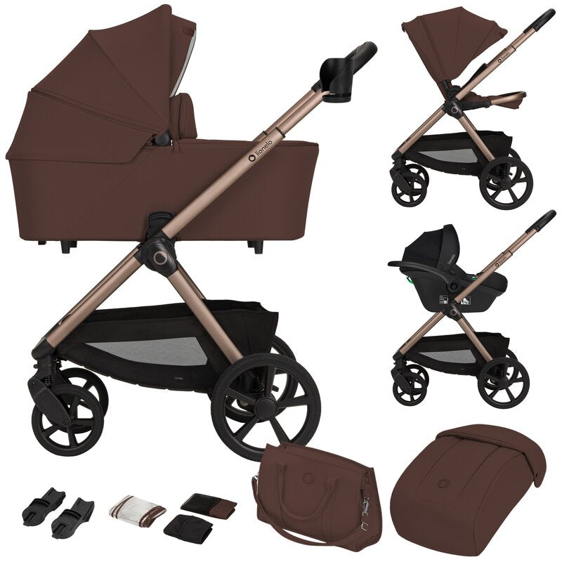 Carucior 3 in 1, Lionelo, Carmine, Cu scoica ADAC, Landou anti-reflux, Salteluta ventilata, Reglare spatar in 3 pozitii, Suport de picioare in 3 pozitii, Maner reglabil in 5 pozitii, Sustine 22 kg, Cu accesorii, 0 luni+, Ciocolatiu