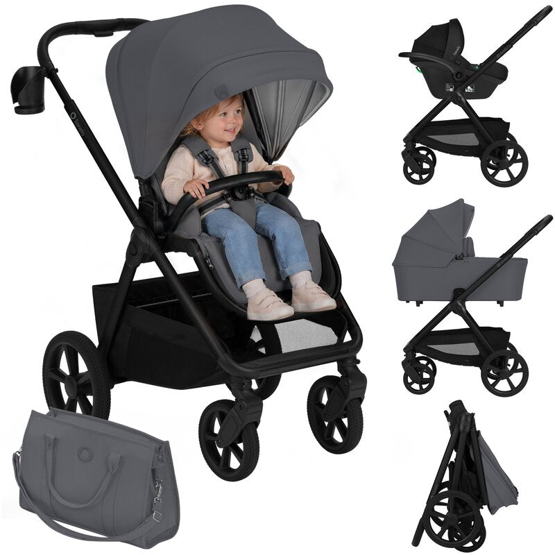 Carucior 3 in 1, Lionelo, Carmine, Cu scoica ADAC, Landou anti-reflux, Salteluta ventilata, Reglare spatar in 3 pozitii, Suport de picioare in 3 pozitii, Maner reglabil in 5 pozitii, Sustine 22 kg, Cu accesorii, 0 luni+, Gri