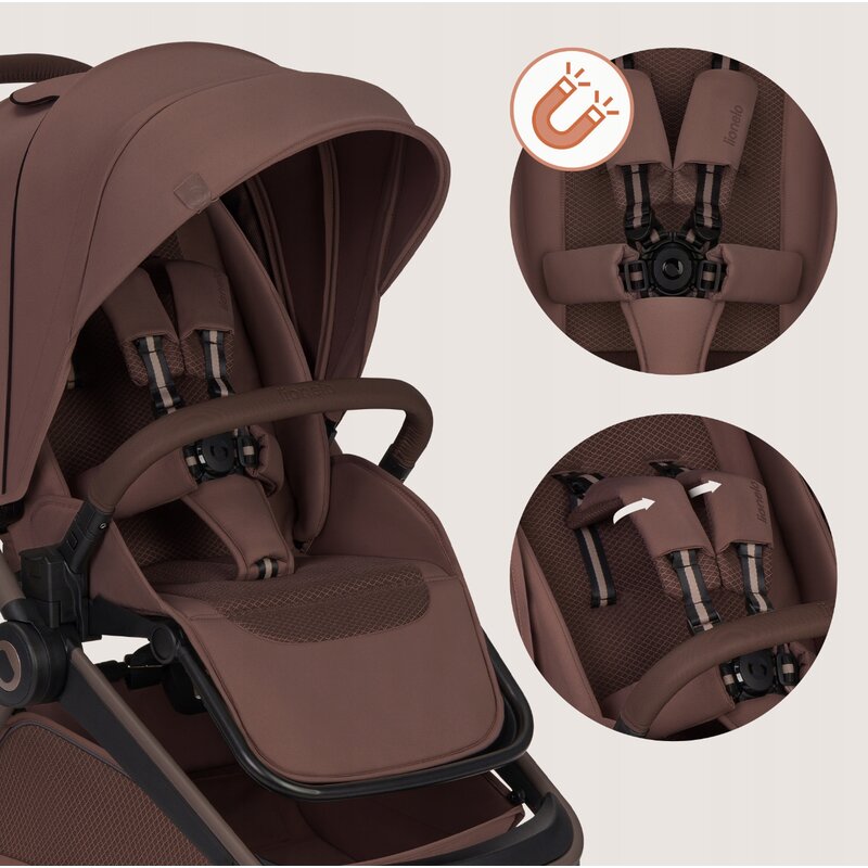 Carucior 3 in 1, Lionelo, Freya, Cu scoica ADAC, Landou si salteluta ventilate, Pliabil, Reglare spatar in 3 pozitii, Suport de picioare in 4 pozitii, Maner reglabil in 3 pozitii, Sustine 22 kg, Cu accesorii, 0 luni+, Maro