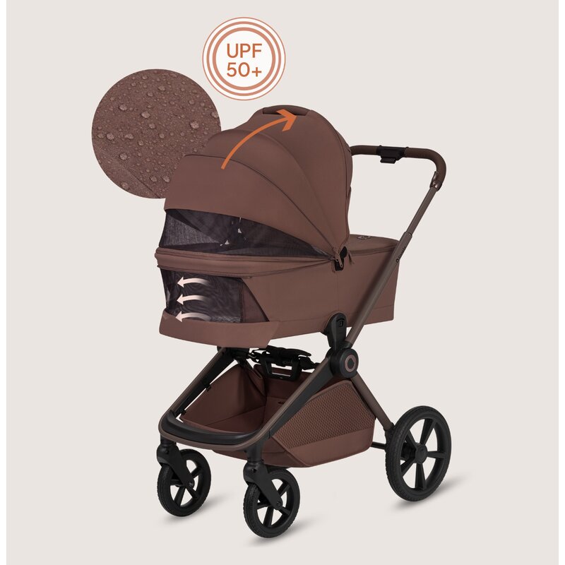 Carucior 3 in 1, Lionelo, Freya, Cu scoica ADAC, Landou si salteluta ventilate, Pliabil, Reglare spatar in 3 pozitii, Suport de picioare in 4 pozitii, Maner reglabil in 3 pozitii, Sustine 22 kg, Cu accesorii, 0 luni+, Maro