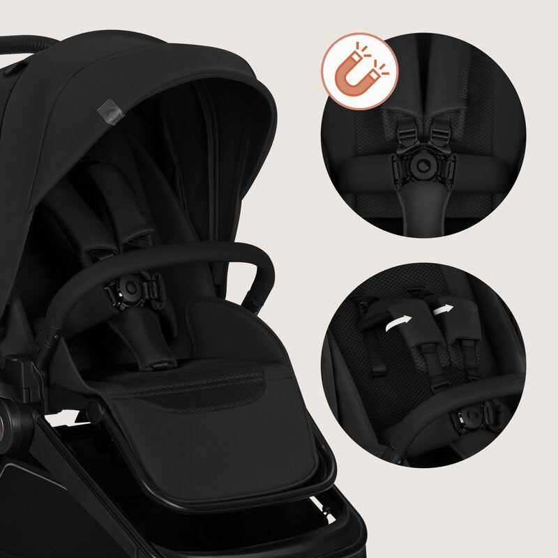 Carucior 3 in 1, Lionelo, Freya, Cu scoica ADAC, Landou si salteluta ventilate, Pliabil, Reglare spatar in 3 pozitii, Suport de picioare in 4 pozitii, Maner reglabil in 3 pozitii, Sustine 22 kg, Cu accesorii, 0 luni+, Negru