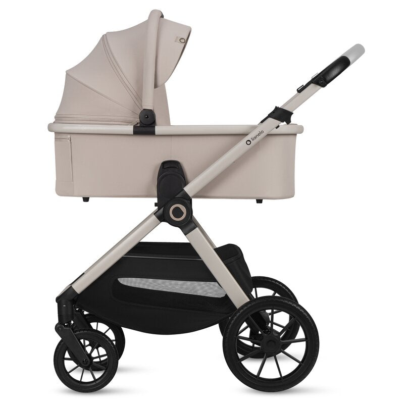 Carucior 3 in 1, Lionelo, Layla, Pana la 22 kg, Cadru aluminiu, Cu landou intarit si salteluta din spuma AirDots, Cu scoica auto testata ADAC, Reversibil, Cu ventilatie 3D, Cu accesorii, EN1888-1, EN1888-2, EN1466, Bej