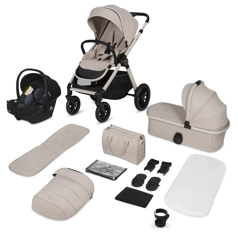 Carucior 3 in 1, Lionelo, Layla, Pana la 22 kg, Cadru aluminiu, Cu landou intarit si salteluta din spuma AirDots, Cu scoica auto testata ADAC, Reversibil, Cu ventilatie 3D, Cu accesorii, EN1888-1, EN1888-2, EN1466, Bej