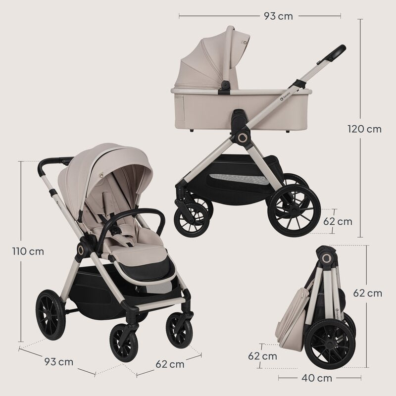 Carucior 3 in 1, Lionelo, Layla, Pana la 22 kg, Cadru aluminiu, Cu landou intarit si salteluta din spuma AirDots, Cu scoica auto testata ADAC, Reversibil, Cu ventilatie 3D, Cu accesorii, EN1888-1, EN1888-2, EN1466, Bej