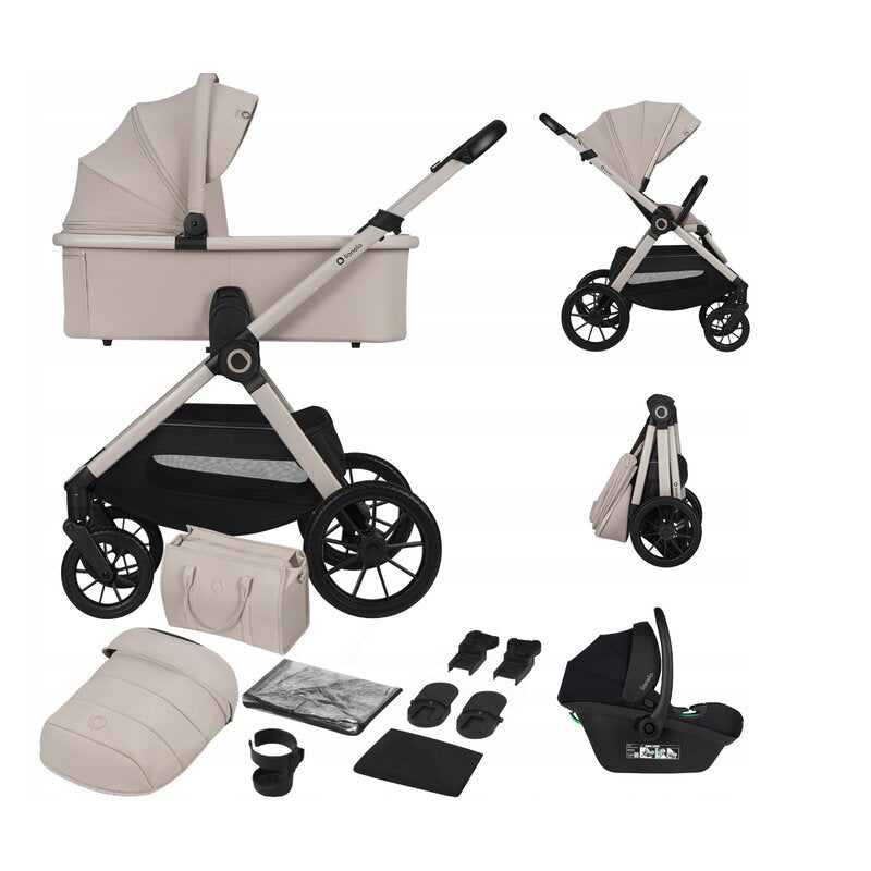 Carucior 3 in 1, Lionelo, Layla, Pana la 22 kg, Cadru aluminiu, Cu landou intarit si salteluta din spuma AirDots, Cu scoica auto testata ADAC, Reversibil, Cu ventilatie 3D, Cu accesorii, EN1888-1, EN1888-2, EN1466, Bej