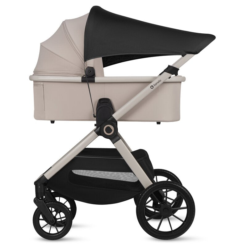 Carucior 3 in 1, Lionelo, Layla, Pana la 22 kg, Cadru aluminiu, Cu landou intarit si salteluta din spuma AirDots, Cu scoica auto testata ADAC, Reversibil, Cu ventilatie 3D, Cu accesorii, EN1888-1, EN1888-2, EN1466, Bej