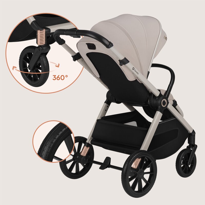 Carucior 3 in 1, Lionelo, Layla, Pana la 22 kg, Cadru aluminiu, Cu landou intarit si salteluta din spuma AirDots, Cu scoica auto testata ADAC, Reversibil, Cu ventilatie 3D, Cu accesorii, EN1888-1, EN1888-2, EN1466, Bej