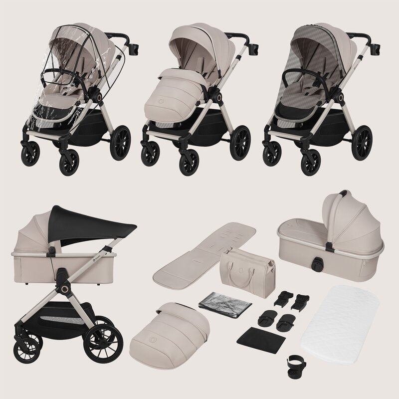 Carucior 3 in 1, Lionelo, Layla, Pana la 22 kg, Cadru aluminiu, Cu landou intarit si salteluta din spuma AirDots, Cu scoica auto testata ADAC, Reversibil, Cu ventilatie 3D, Cu accesorii, EN1888-1, EN1888-2, EN1466, Bej