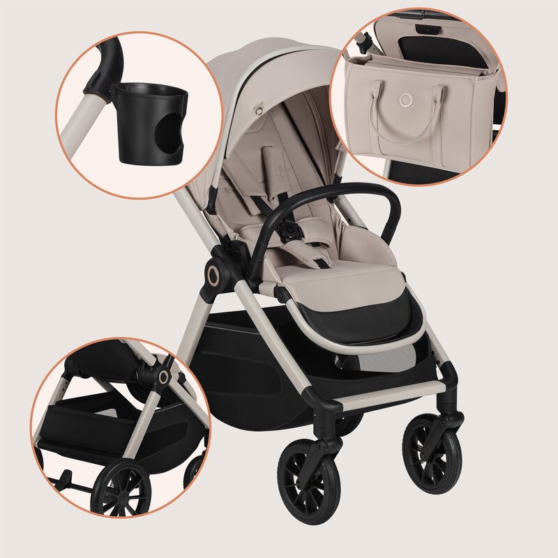 Carucior 3 in 1, Lionelo, Layla, Pana la 22 kg, Cadru aluminiu, Cu landou intarit si salteluta din spuma AirDots, Cu scoica auto testata ADAC, Reversibil, Cu ventilatie 3D, Cu accesorii, EN1888-1, EN1888-2, EN1466, Bej