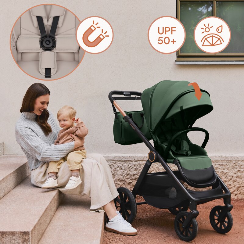 Carucior 3 in 1, Lionelo, Layla, Pana la 22 kg, Cadru aluminiu, Cu landou intarit si salteluta din spuma AirDots, Cu scoica auto testata ADAC, Reversibil, Cu ventilatie 3D, Cu accesorii, EN1888-1, EN1888-2, EN1466, Bej