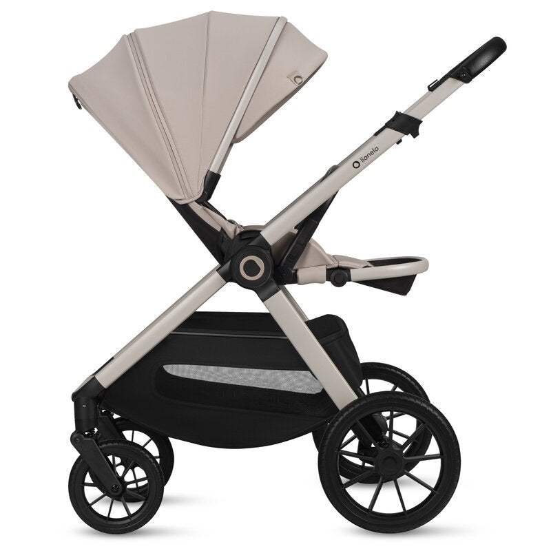 Carucior 3 in 1, Lionelo, Layla, Pana la 22 kg, Cadru aluminiu, Cu landou intarit si salteluta din spuma AirDots, Cu scoica auto testata ADAC, Reversibil, Cu ventilatie 3D, Cu accesorii, EN1888-1, EN1888-2, EN1466, Bej