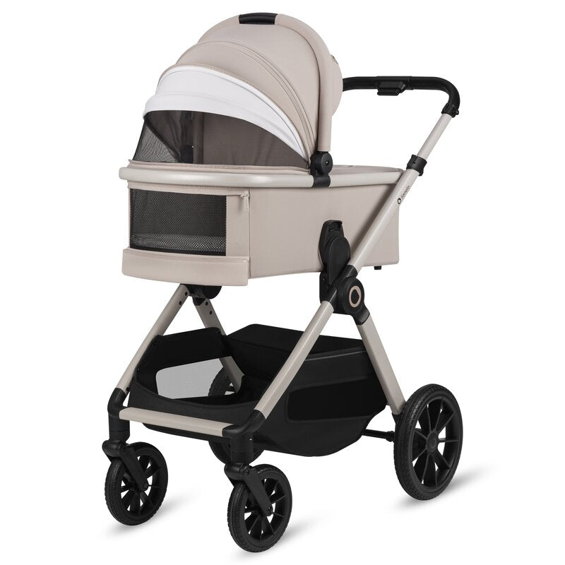 Carucior 3 in 1, Lionelo, Layla, Pana la 22 kg, Cadru aluminiu, Cu landou intarit si salteluta din spuma AirDots, Cu scoica auto testata ADAC, Reversibil, Cu ventilatie 3D, Cu accesorii, EN1888-1, EN1888-2, EN1466, Bej