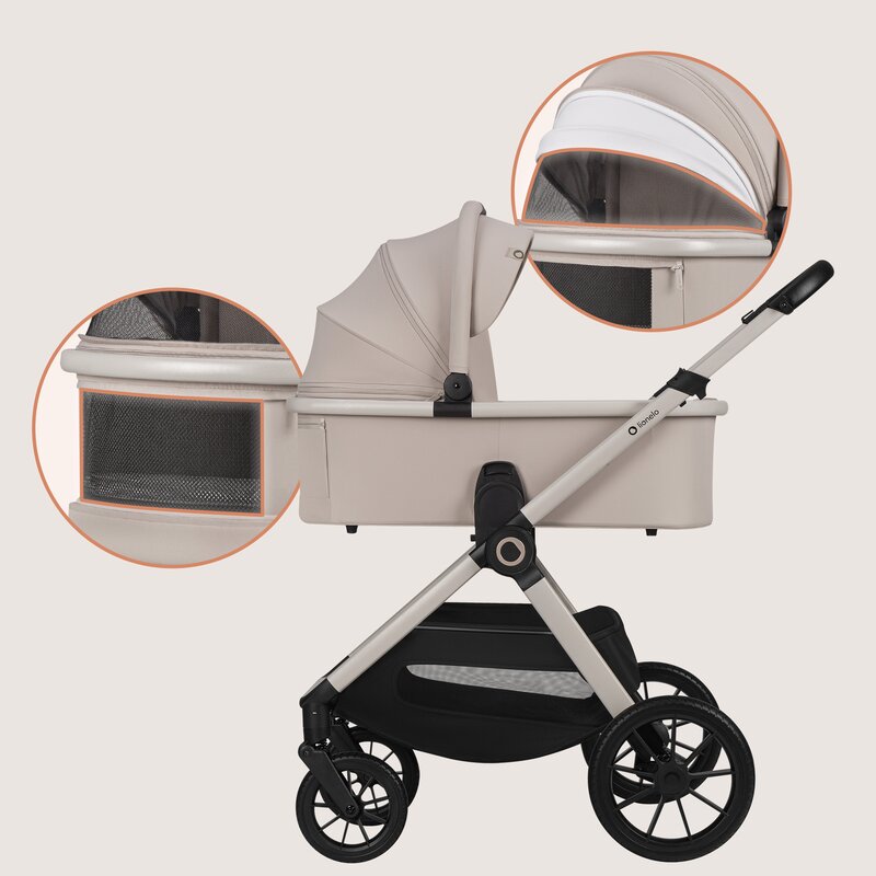 Carucior 3 in 1, Lionelo, Layla, Pana la 22 kg, Cadru aluminiu, Cu landou intarit si salteluta din spuma AirDots, Cu scoica auto testata ADAC, Reversibil, Cu ventilatie 3D, Cu accesorii, EN1888-1, EN1888-2, EN1466, Bej