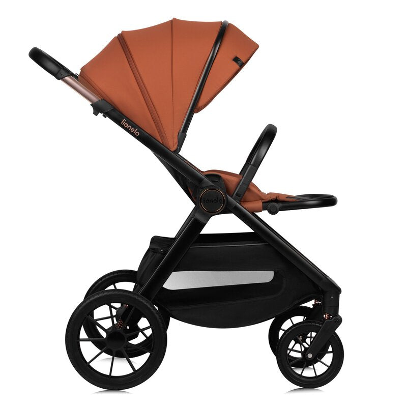 Carucior 3 in 1, Lionelo, Layla, Pana la 22 kg, Cadru aluminiu, Cu landou intarit si salteluta din spuma AirDots, Cu scoica auto testata ADAC, Reversibil, Cu ventilatie 3D, Cu accesorii, EN1888-1, EN1888-2, EN1466, Maro