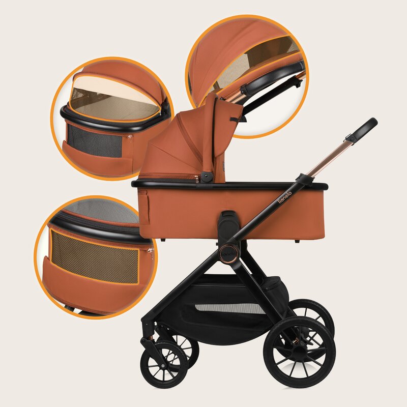 Carucior 3 in 1, Lionelo, Layla, Pana la 22 kg, Cadru aluminiu, Cu landou intarit si salteluta din spuma AirDots, Cu scoica auto testata ADAC, Reversibil, Cu ventilatie 3D, Cu accesorii, EN1888-1, EN1888-2, EN1466, Maro