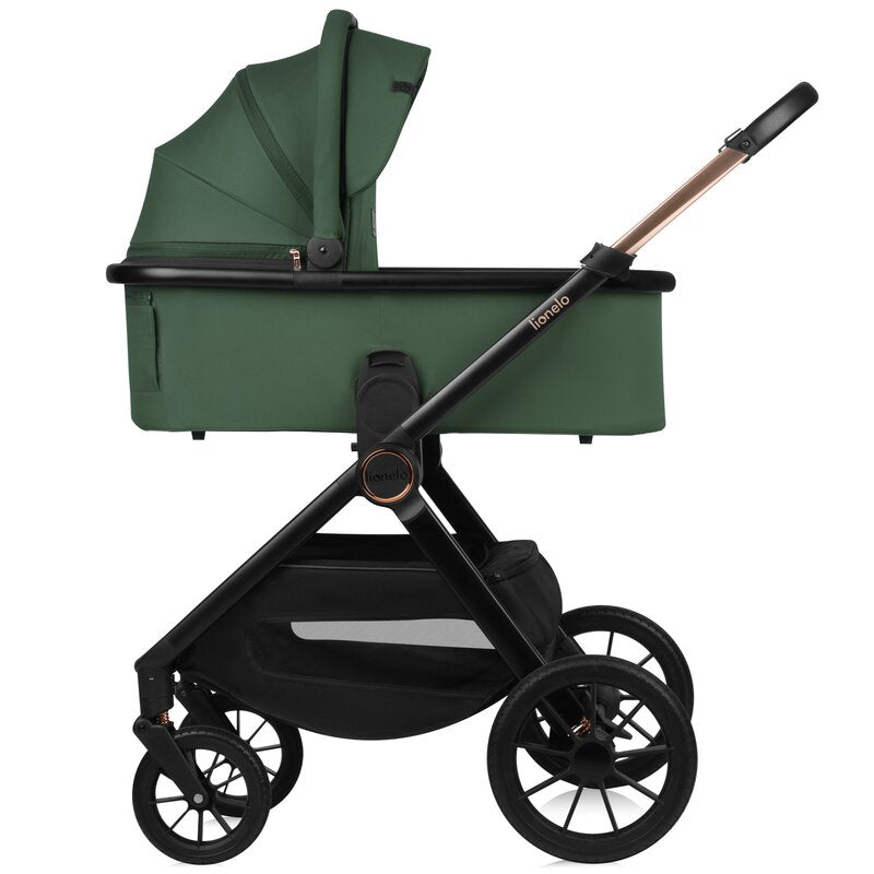 Carucior 3 in 1, Lionelo, Layla, Pana la 22 kg, Cadru aluminiu, Cu landou intarit si salteluta din spuma AirDots, Cu scoica auto testata ADAC, Reversibil, Cu ventilatie 3D, Cu accesorii, EN1888-1, EN1888-2, EN1466, Verde