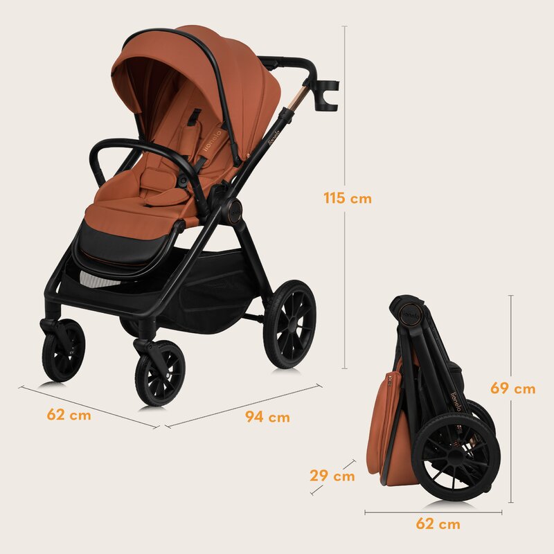 Carucior 3 in 1, Lionelo, Layla, Pana la 22 kg, Cadru aluminiu, Cu landou intarit si salteluta din spuma AirDots, Cu scoica auto testata ADAC, Reversibil, Cu ventilatie 3D, Cu accesorii, EN1888-1, EN1888-2, EN1466, Maro