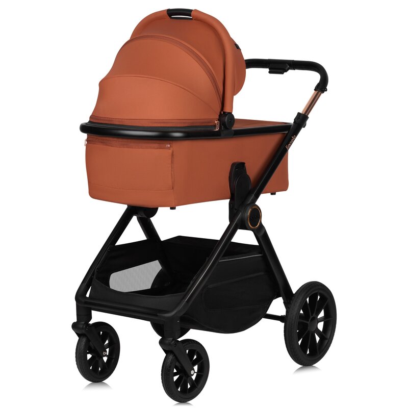 Carucior 3 in 1, Lionelo, Layla, Pana la 22 kg, Cadru aluminiu, Cu landou intarit si salteluta din spuma AirDots, Cu scoica auto testata ADAC, Reversibil, Cu ventilatie 3D, Cu accesorii, EN1888-1, EN1888-2, EN1466, Maro