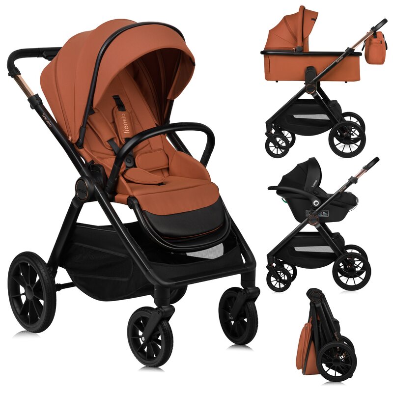 Carucior 3 in 1, Lionelo, Layla, Pana la 22 kg, Cadru aluminiu, Cu landou intarit si salteluta din spuma AirDots, Cu scoica auto testata ADAC, Reversibil, Cu ventilatie 3D, Cu accesorii, EN1888-1, EN1888-2, EN1466, Maro