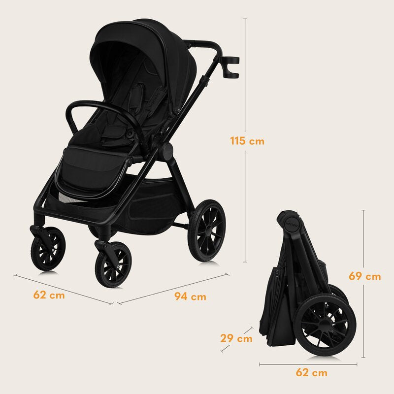 Carucior 3 in 1, Lionelo, Layla, Pana la 22 kg, Cadru aluminiu, Cu landou intarit si salteluta din spuma AirDots, Cu scoica auto testata ADAC, Reversibil, Cu ventilatie 3D, Cu accesorii, EN1888-1, EN1888-2, EN1466, Negru