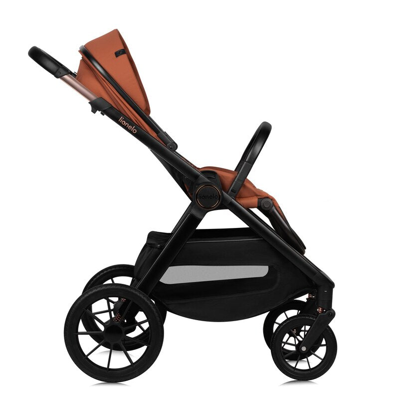 Carucior 3 in 1, Lionelo, Layla, Pana la 22 kg, Cadru aluminiu, Cu landou intarit si salteluta din spuma AirDots, Cu scoica auto testata ADAC, Reversibil, Cu ventilatie 3D, Cu accesorii, EN1888-1, EN1888-2, EN1466, Maro