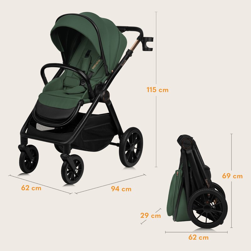 Carucior 3 in 1, Lionelo, Layla, Pana la 22 kg, Cadru aluminiu, Cu landou intarit si salteluta din spuma AirDots, Cu scoica auto testata ADAC, Reversibil, Cu ventilatie 3D, Cu accesorii, EN1888-1, EN1888-2, EN1466, Verde