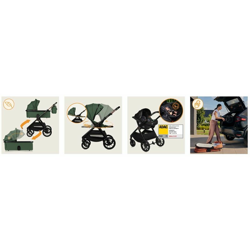 Carucior 3 in 1, Lionelo, Layla, Pana la 22 kg, Cadru aluminiu, Cu landou intarit si salteluta din spuma AirDots, Cu scoica auto testata ADAC, Reversibil, Cu ventilatie 3D, Cu accesorii, EN1888-1, EN1888-2, EN1466, Verde