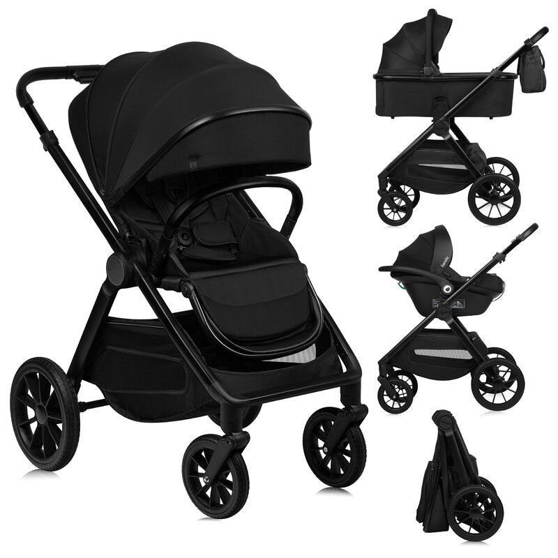 Carucior 3 in 1, Lionelo, Layla, Pana la 22 kg, Cadru aluminiu, Cu landou intarit si salteluta din spuma AirDots, Cu scoica auto testata ADAC, Reversibil, Cu ventilatie 3D, Cu accesorii, EN1888-1, EN1888-2, EN1466, Negru