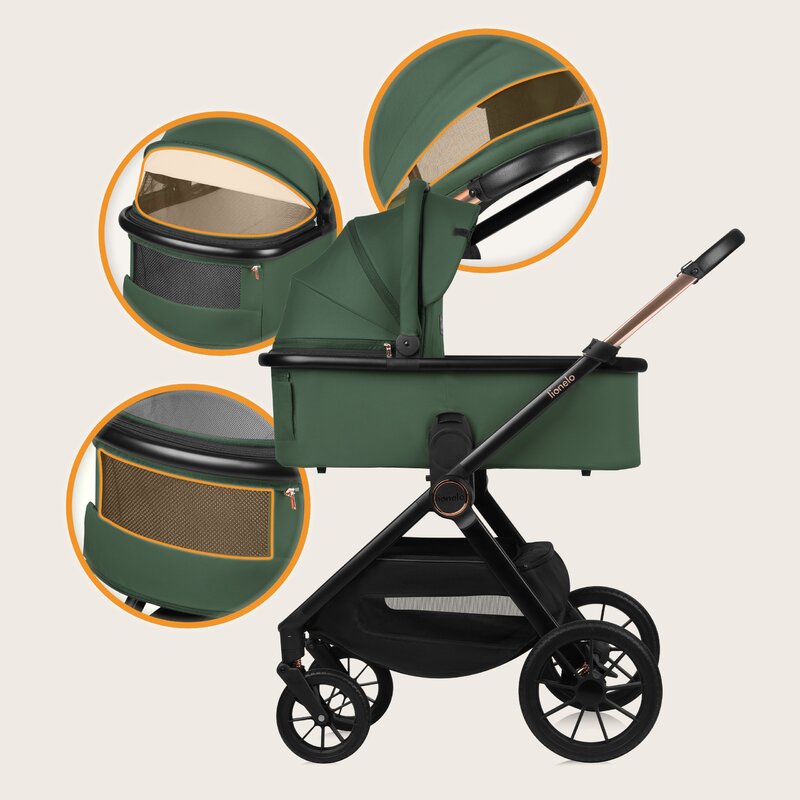 Carucior 3 in 1, Lionelo, Layla, Pana la 22 kg, Cadru aluminiu, Cu landou intarit si salteluta din spuma AirDots, Cu scoica auto testata ADAC, Reversibil, Cu ventilatie 3D, Cu accesorii, EN1888-1, EN1888-2, EN1466, Verde