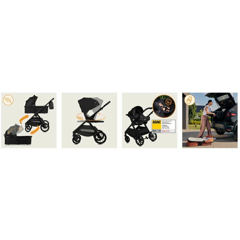 Carucior 3 in 1, Lionelo, Layla, Pana la 22 kg, Cadru aluminiu, Cu landou intarit si salteluta din spuma AirDots, Cu scoica auto testata ADAC, Reversibil, Cu ventilatie 3D, Cu accesorii, EN1888-1, EN1888-2, EN1466, Negru