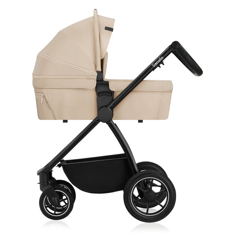 Carucior 3 in 1, Lionelo, Meril, Cu landou de dimensiune XL, Reversibil, Cu scoica auto testata ADAC, Cu accesorii, Pana la 22 kg, Conform cu EN1888-1 EN1888-2, EN1466, Bej