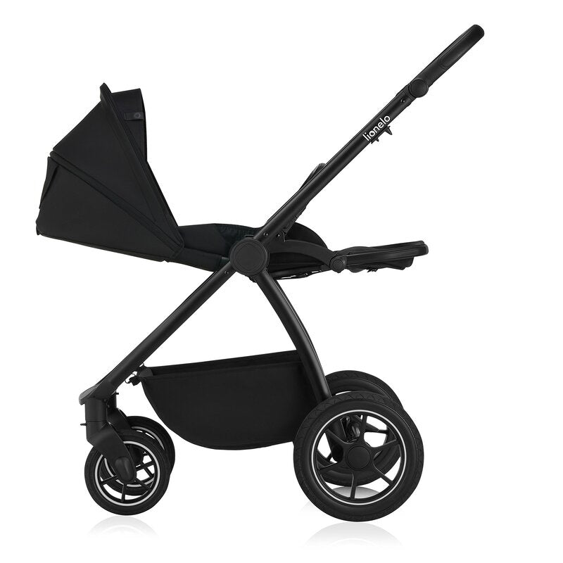 Carucior 3 in 1, Lionelo, Meril, Cu landou de dimensiune XL, Reversibil, Cu scoica auto testata ADAC, Cu accesorii, Pana la 22 kg, Conform cu EN1888-1 EN1888-2, EN1466, Negru