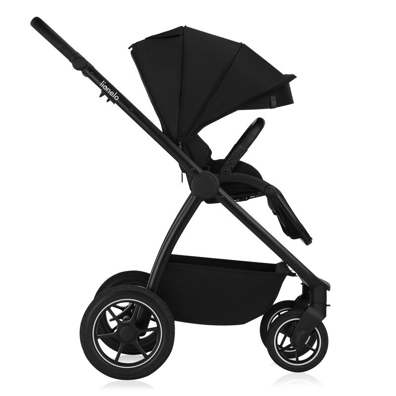 Carucior 3 in 1, Lionelo, Meril, Cu landou de dimensiune XL, Reversibil, Cu scoica auto testata ADAC, Cu accesorii, Pana la 22 kg, Conform cu EN1888-1 EN1888-2, EN1466, Negru