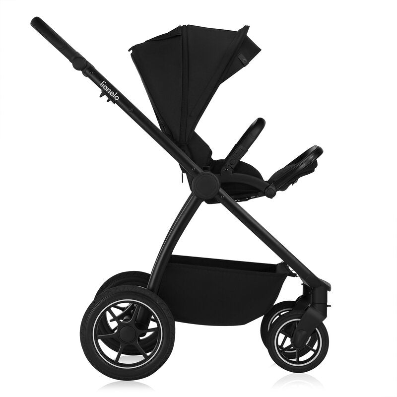 Carucior 3 in 1, Lionelo, Meril, Cu landou de dimensiune XL, Reversibil, Cu scoica auto testata ADAC, Cu accesorii, Pana la 22 kg, Conform cu EN1888-1 EN1888-2, EN1466, Negru