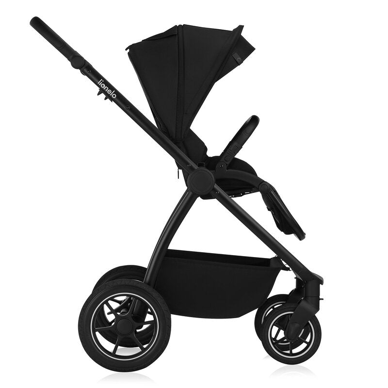 Carucior 3 in 1, Lionelo, Meril, Cu landou de dimensiune XL, Reversibil, Cu scoica auto testata ADAC, Cu accesorii, Pana la 22 kg, Conform cu EN1888-1 EN1888-2, EN1466, Negru