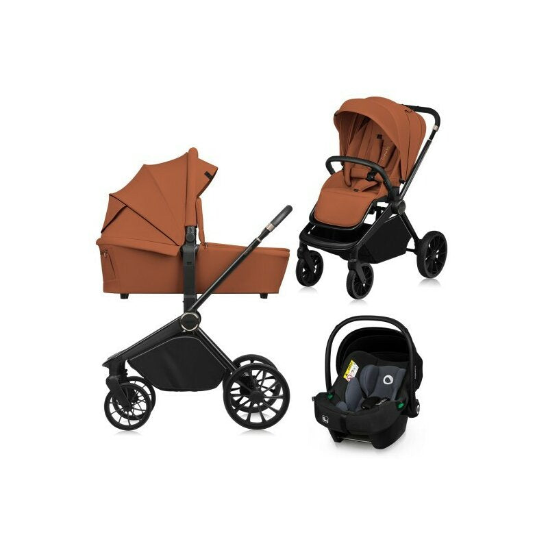 Carucior 3 in 1, Lionelo, Mika Plus, Cadru din aluminiu, Cu landou intarit si salteluta moale, Cu scoica auto testata ADAC, Reversibil, Cu sistem de ventilatie 3D, Cu accesorii, Pana la 22 kg, EN1888-1 EN1888-2 EN1466 ECE R129, Maro