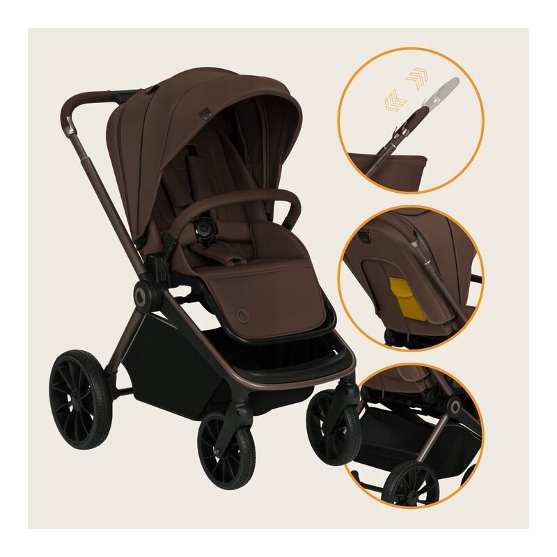 Carucior 3 in 1, Lionelo, Mika Plus, Cadru din aluminiu, Cu landou intarit si salteluta moale, Cu scoica auto testata ADAC, Reversibil, Cu sistem de ventilatie 3D, Cu accesorii, Pana la 22 kg, EN1888-1 EN1888-2 EN1466 ECE R129, Mocha Mousse
