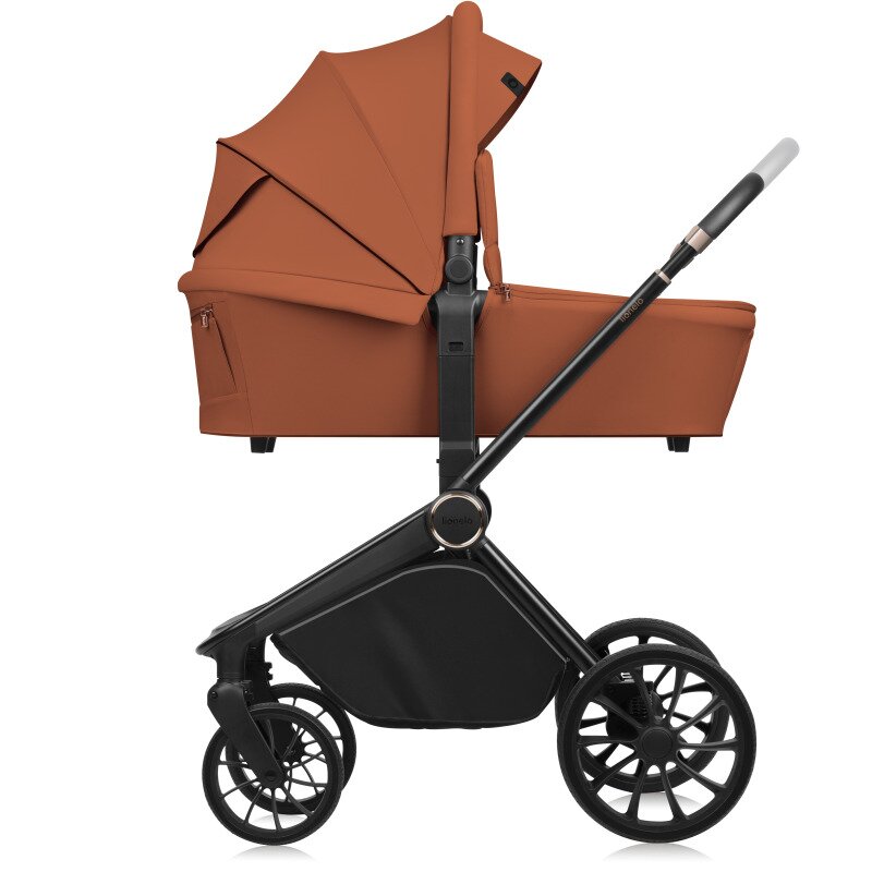 Carucior 3 in 1, Lionelo, Mika Plus, Cadru din aluminiu, Cu landou intarit si salteluta moale, Cu scoica auto testata ADAC, Reversibil, Cu sistem de ventilatie 3D, Cu accesorii, Pana la 22 kg, EN1888-1 EN1888-2 EN1466 ECE R129, Maro