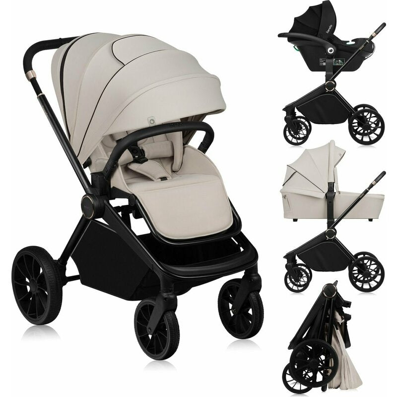 Carucior 3 in 1, Lionelo, Mika Plus, Cadru din aluminiu, Cu landou intarit si salteluta moale, Cu scoica auto testata ADAC, Reversibil, Cu sistem de ventilatie 3D, Cu accesorii, Pana la 22 kg, EN1888-1 EN1888-2 EN1466 ECE R129, Bej