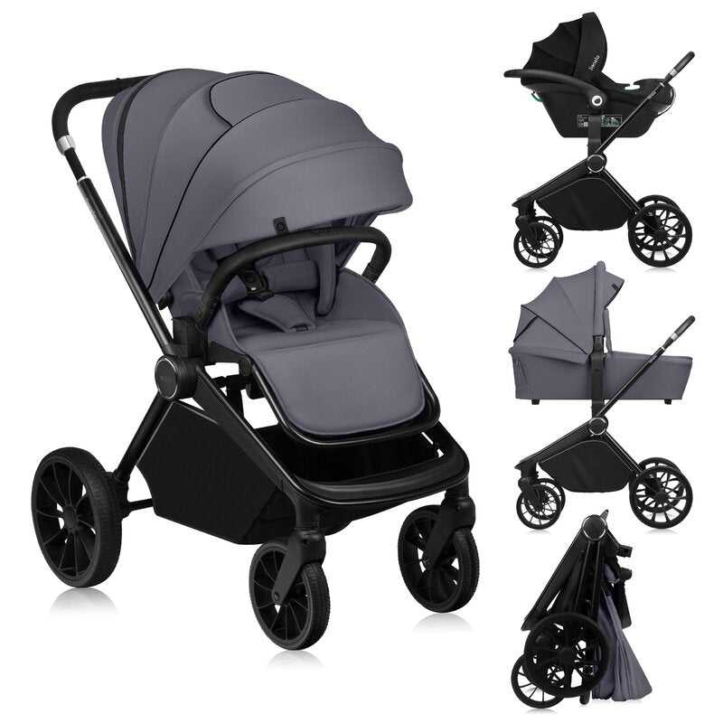 Carucior 3 in 1, Lionelo, Mika Plus, Cadru din aluminiu, Cu landou intarit si salteluta moale, Cu scoica auto testata ADAC, Reversibil, Cu sistem de ventilatie 3D, Cu accesorii, Pana la 22 kg, EN1888-1 EN1888-2 EN1466 ECE R129, Gri